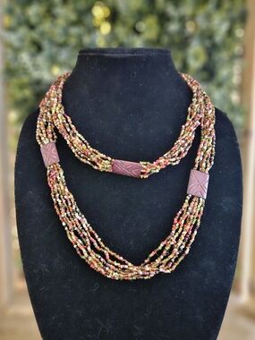 Stunning Vintage Multi Strand Beads And Wooden Long Necklace